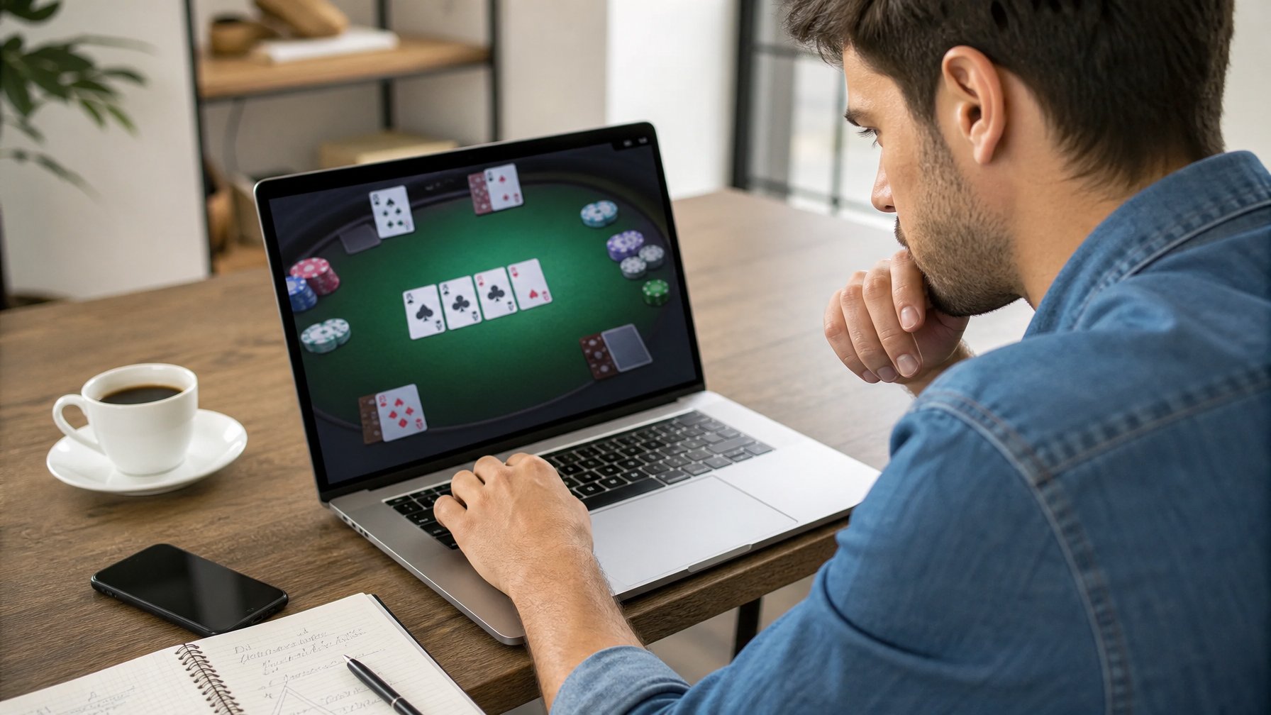 Seorang pria muda fokus bermain permainan kartu online menggunakan laptop di ruangan modern dengan meja yang rapi.