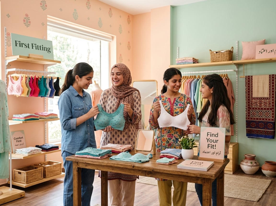A group of teenage girls in a bright room looking at and holding different bras, smiling and interacting comfortably.