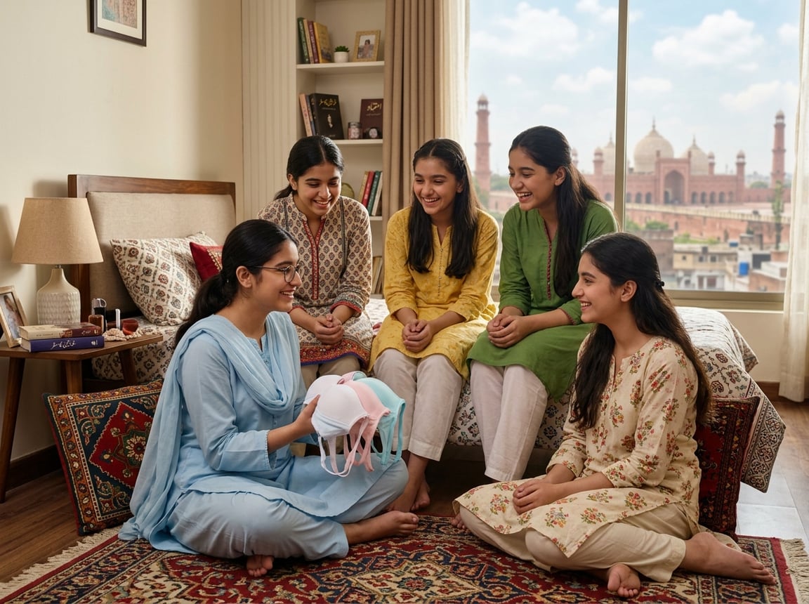 A group of teenage girls in a bedroom talking and looking at a selection of bras, with a cityscape visible through the window.