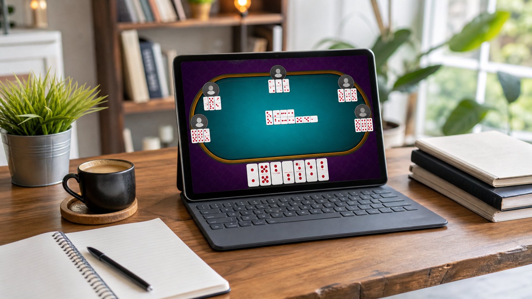 Seorang pengguna duduk di depan laptop dengan tampilan permainan kartu Ceme Keliling online di layar, di meja terdapat buku catatan dan cangkir kopi.