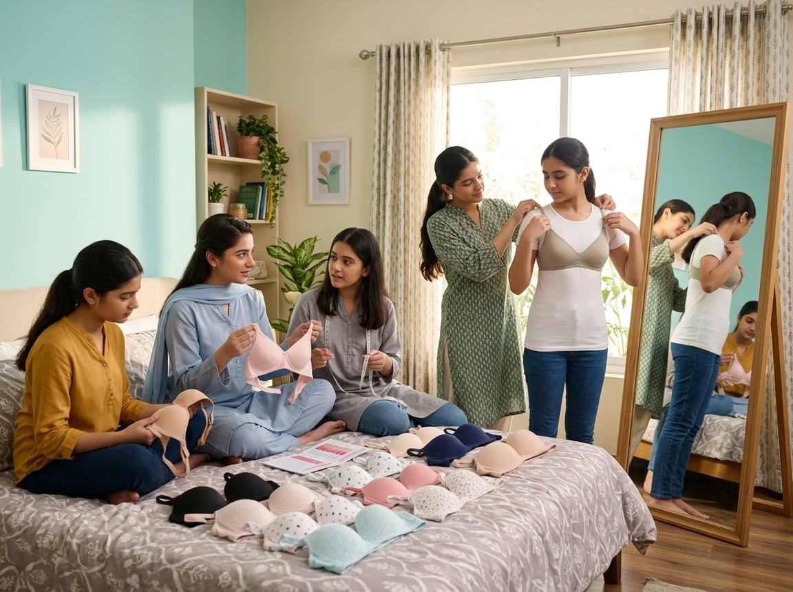 A group of teenage girls in a bedroom trying on bras and discussing fit in a supportive environment.