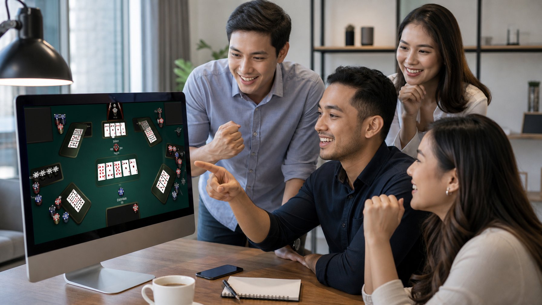 Orang-orang bermain permainan Ceme online di layar komputer dalam ruangan modern.