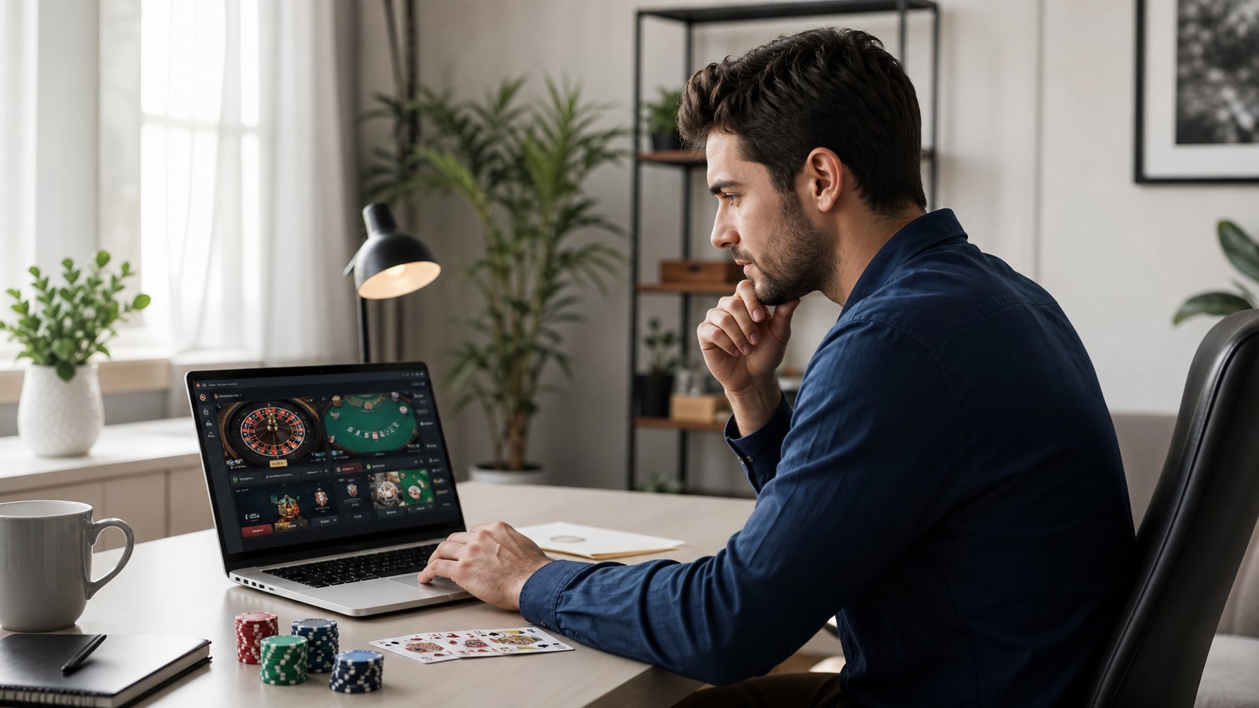 Seorang pria muda duduk di meja kerja dengan laptop, fokus menggunakan platform permainan online dalam ruangan yang rapi dan terang.