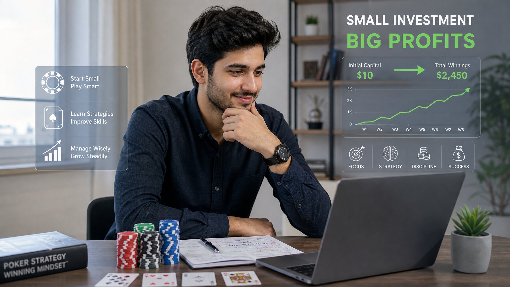 Seorang pria muda duduk di meja dengan laptop, kartu remi, dan chip poker, tampak fokus menganalisis strategi permainan kartu online.