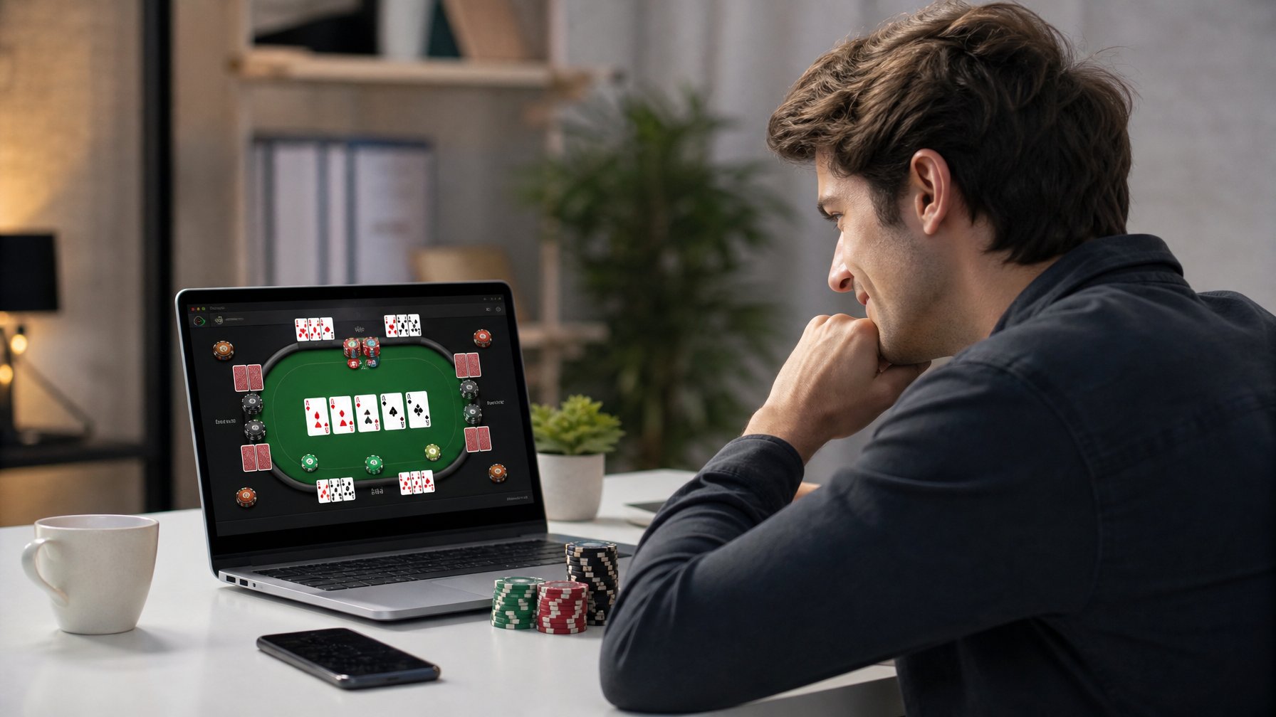 Seorang pria muda fokus bermain permainan Bandar Ceme online di laptop di ruang kerja modern dengan kartu dan chip terlihat di layar.