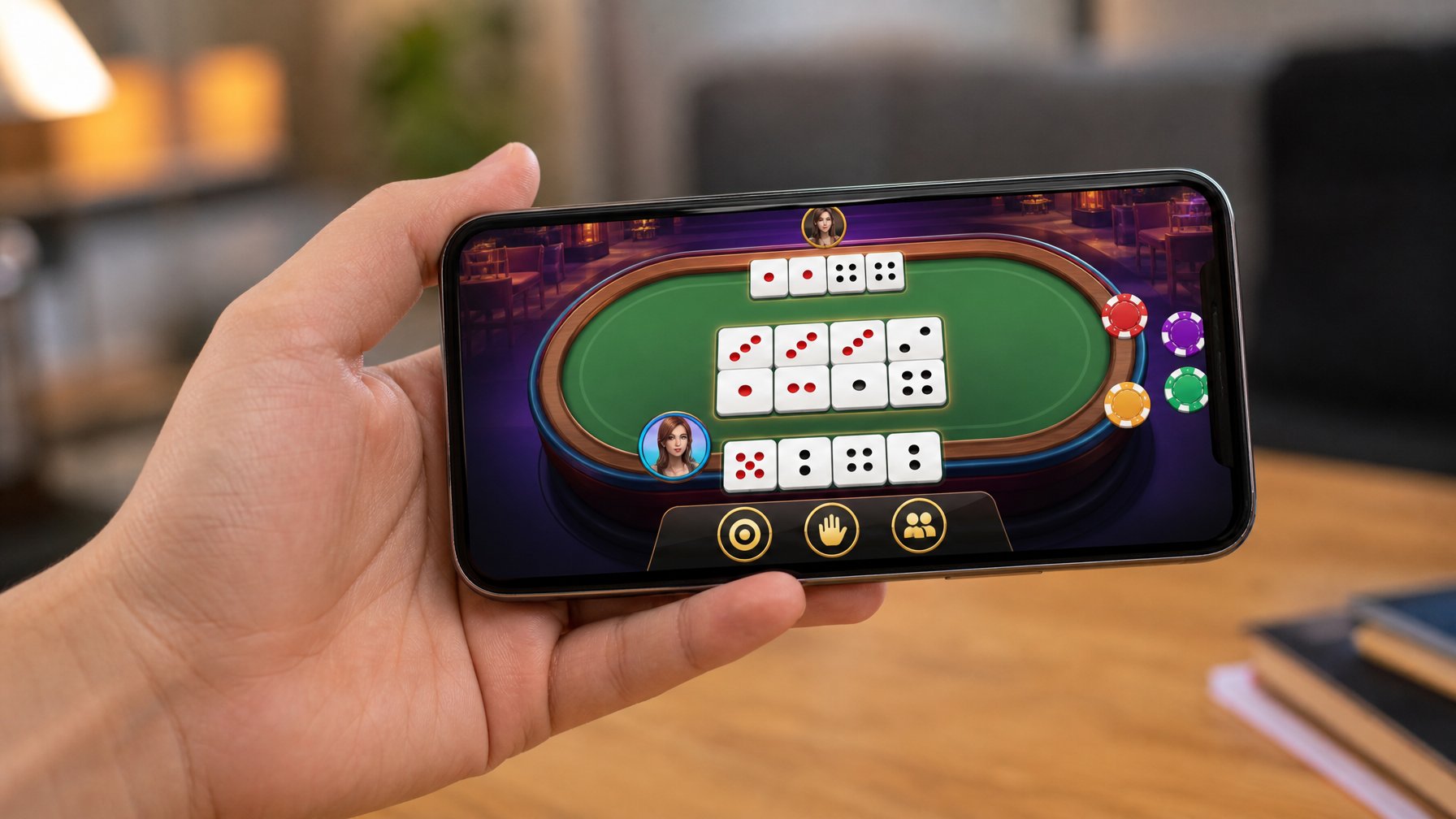 Seseorang memegang smartphone yang menampilkan aplikasi permainan online Ceme dengan tampilan yang jelas dan berwarna-warni.