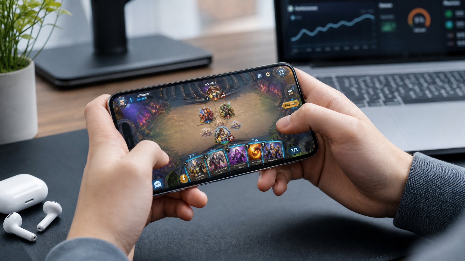 Seorang dewasa muda memegang smartphone yang menampilkan permainan kartu online dengan latar meja kerja minimalis dan perangkat teknologi.
