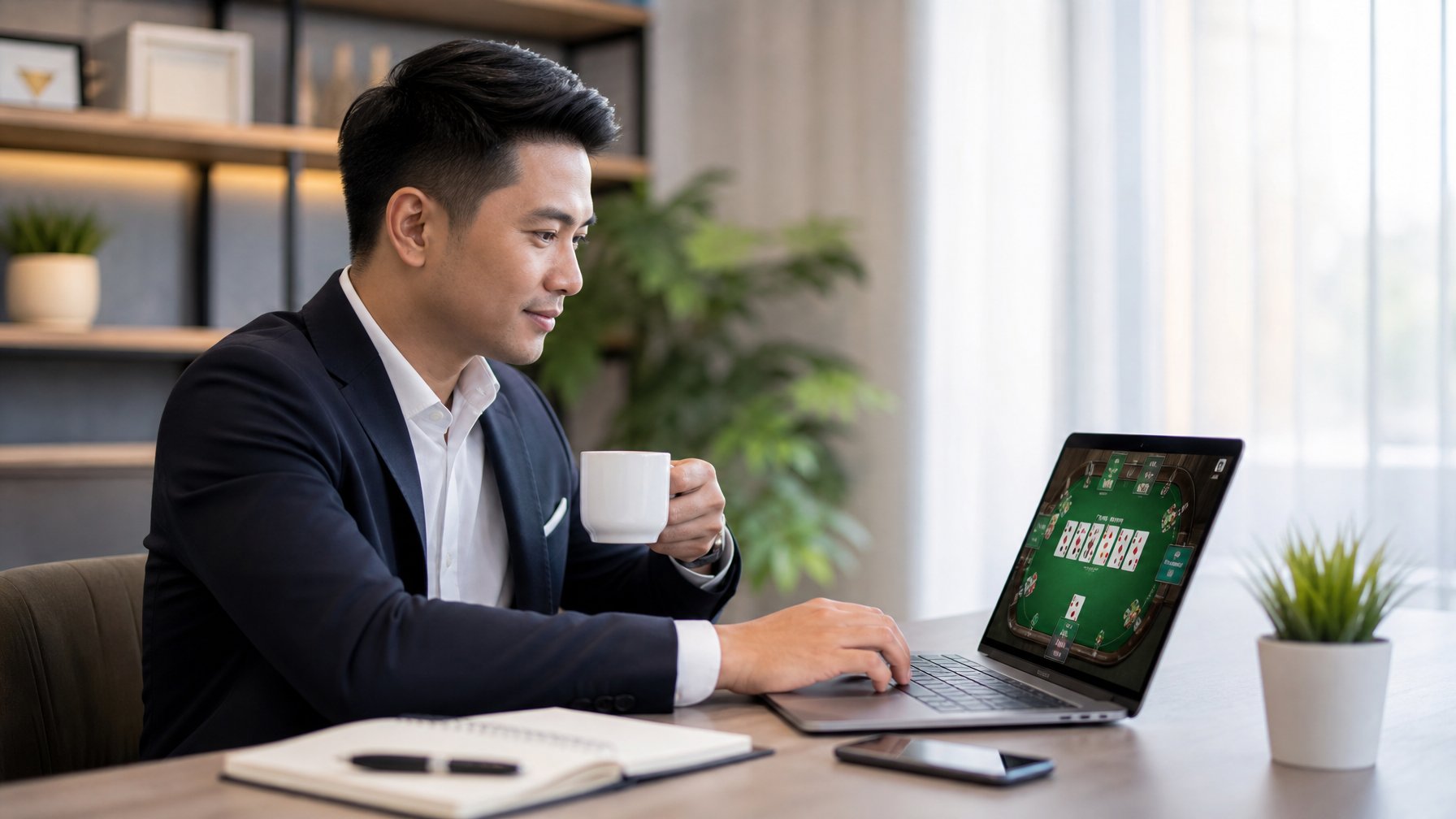 Seorang pria Asia Tenggara duduk di meja kerja dengan laptop yang menampilkan permainan kartu digital, di ruang kantor rumah yang terang dan rapi.