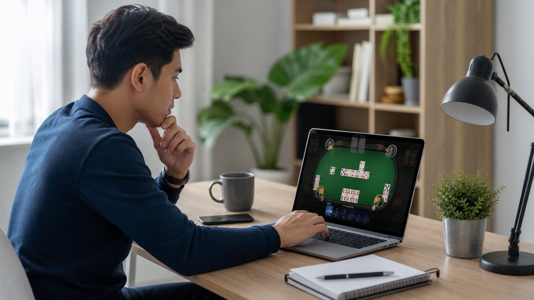 Seorang pria muda duduk di meja kerja dengan laptop, fokus memilih agen Ceme online terpercaya.