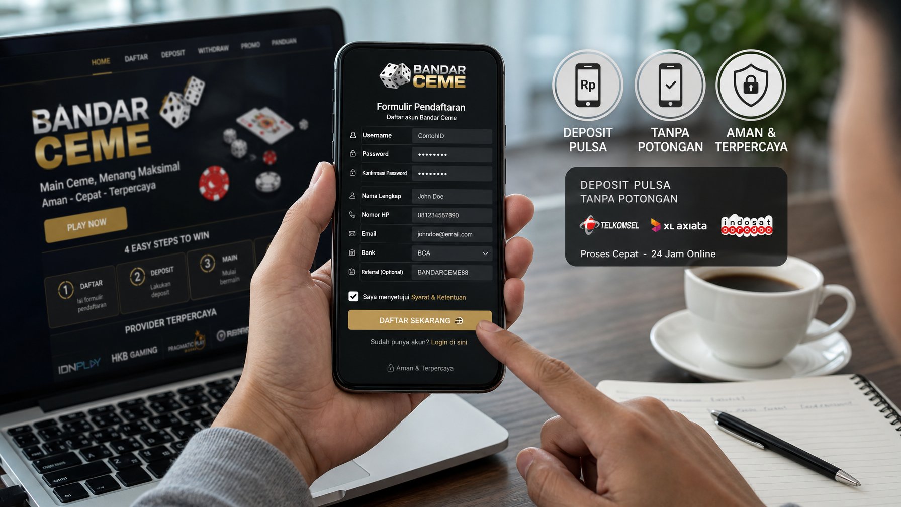Seseorang menggunakan ponsel untuk mendaftar akun Bandar Ceme online di meja kerja dengan laptop dan secangkir kopi.