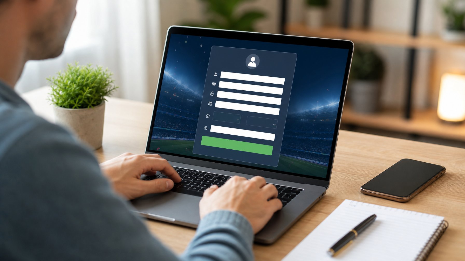 Seseorang sedang mendaftar akun di situs online menggunakan laptop di ruang kerja yang terang dan rapi.