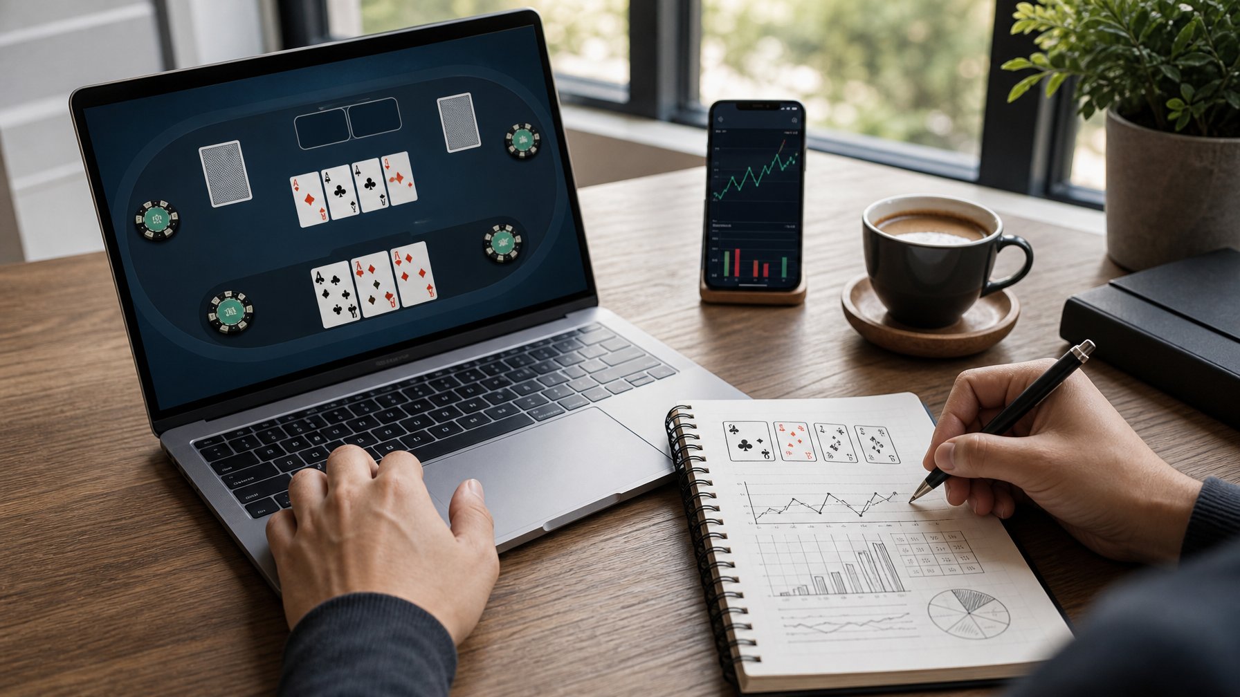 Seseorang sedang menganalisis pola kartu Bandar Ceme online di depan laptop dengan catatan dan grafik di meja kerja.