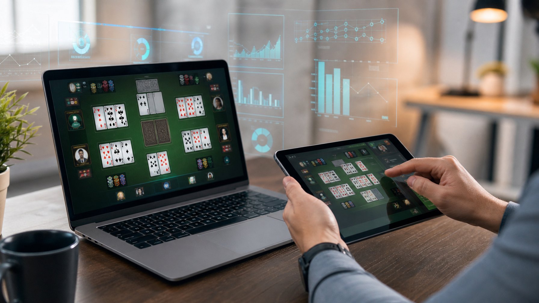 Seorang pemain menggunakan perangkat touchscreen untuk bermain kartu Bandar Ceme online dengan tampilan kartu dan grafik analisis pola di layar.