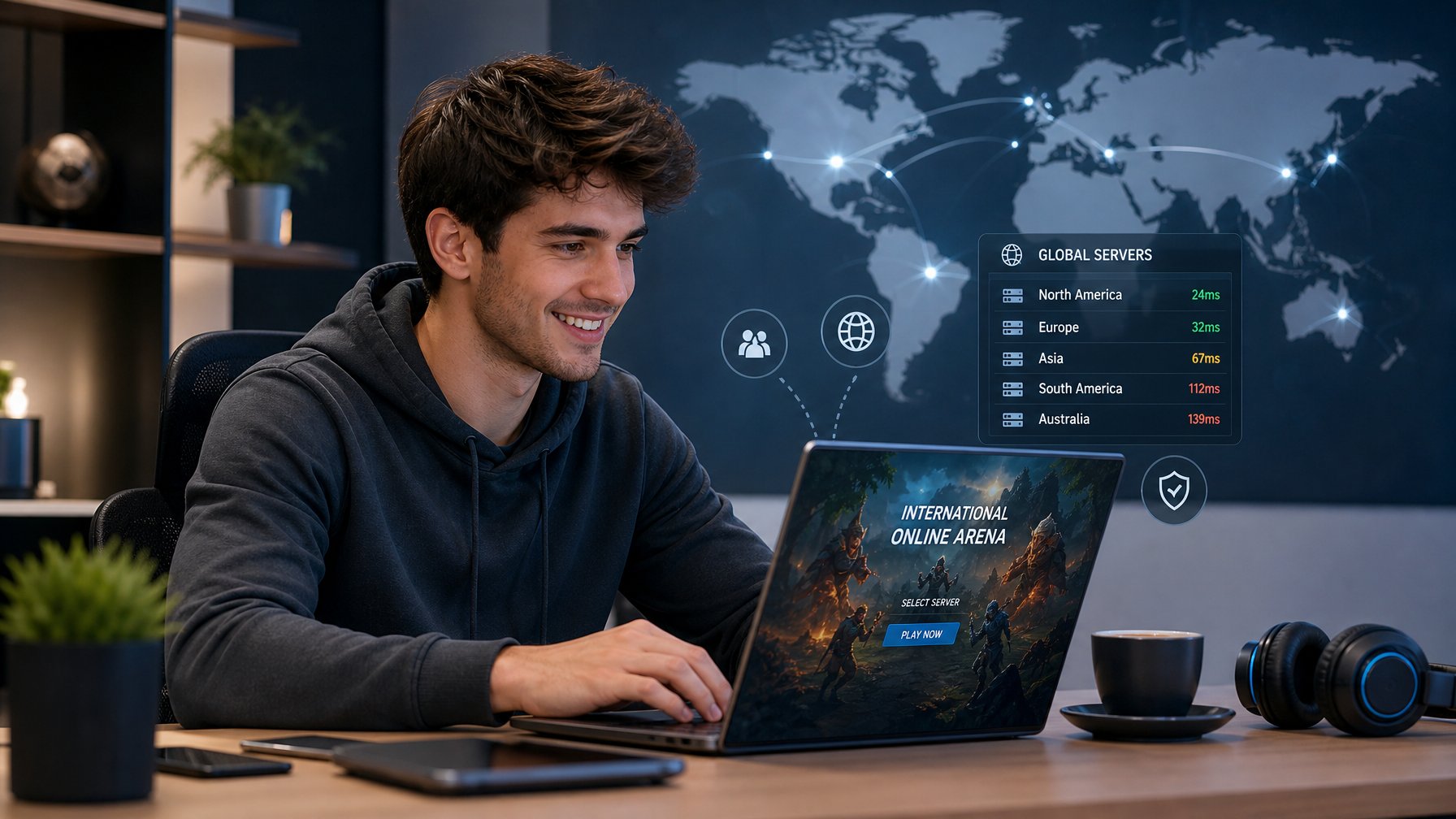 Seorang pria muda duduk di meja modern menggunakan laptop untuk bermain game online dengan latar belakang peta dunia.