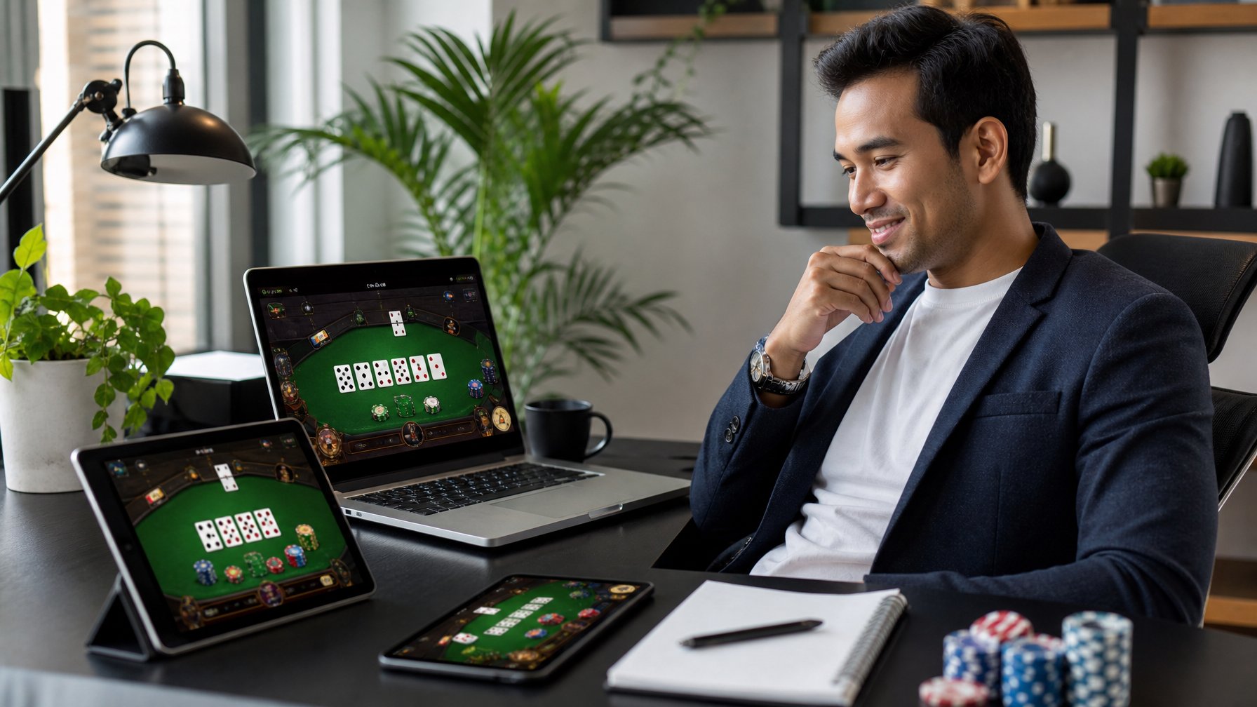 Seorang pria percaya diri duduk di meja dengan beberapa perangkat digital yang menampilkan permainan Ceme online, di ruang kerja modern dengan pencahayaan alami.