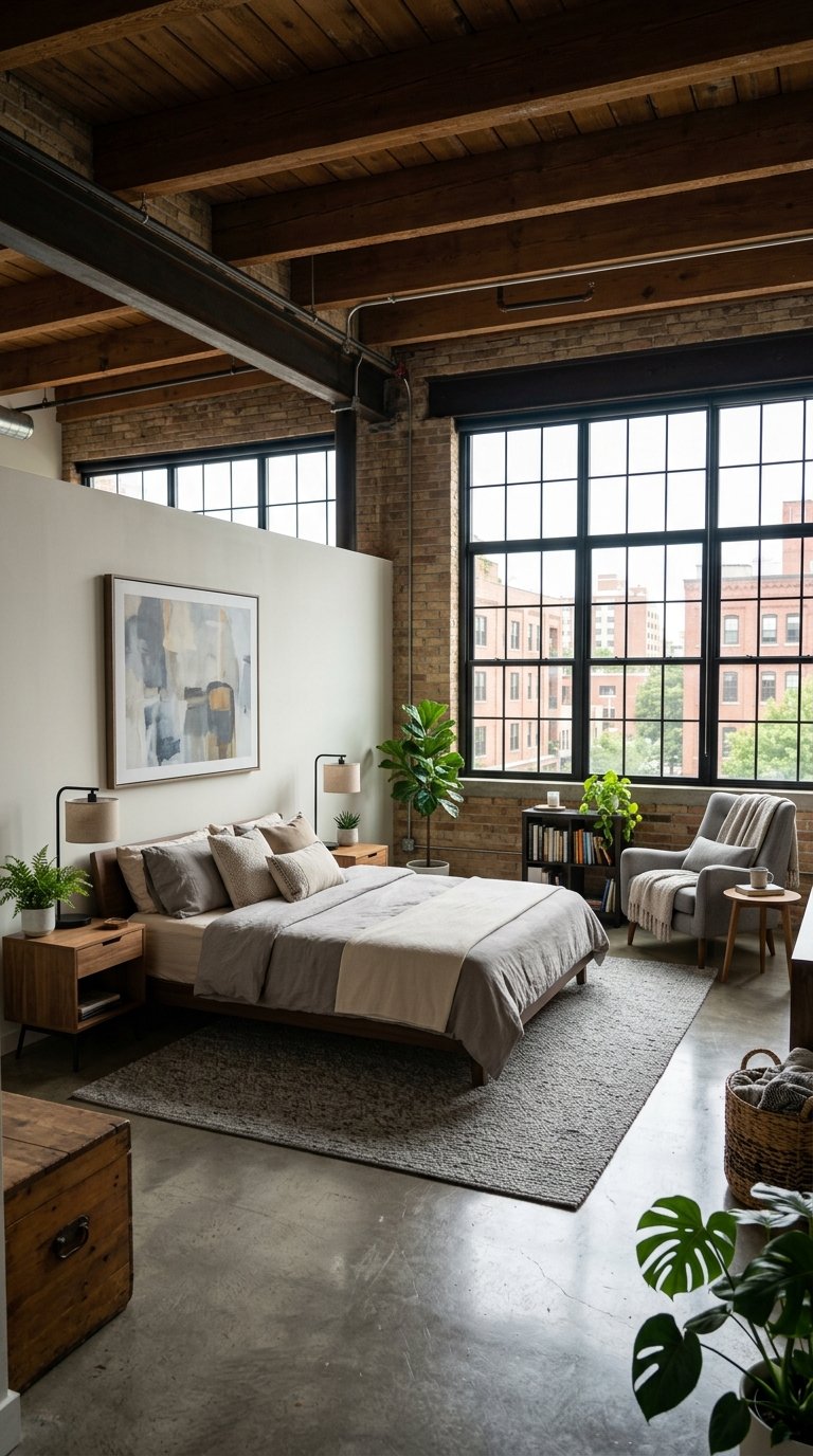 A bright bedroom with a bed, nightstands, armchair, large windows, brick walls, and exposed ceiling beams.