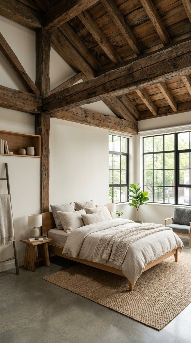 A cozy bedroom with exposed wooden beams on the ceiling, a bed with neutral bedding, and natural light coming through large windows.
