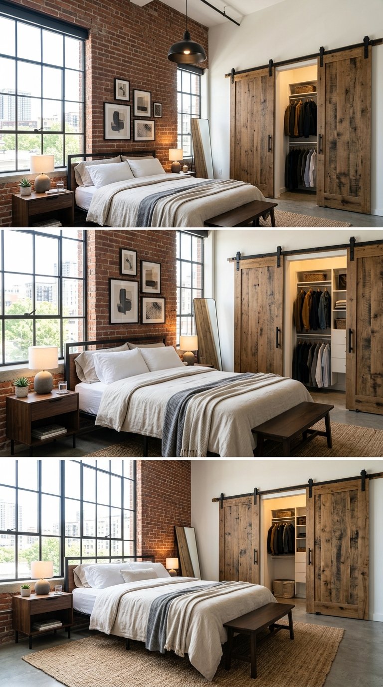 A bright bedroom with sliding wooden barn doors partially open, showing a closet or adjoining room, with a bed and furniture nearby.
