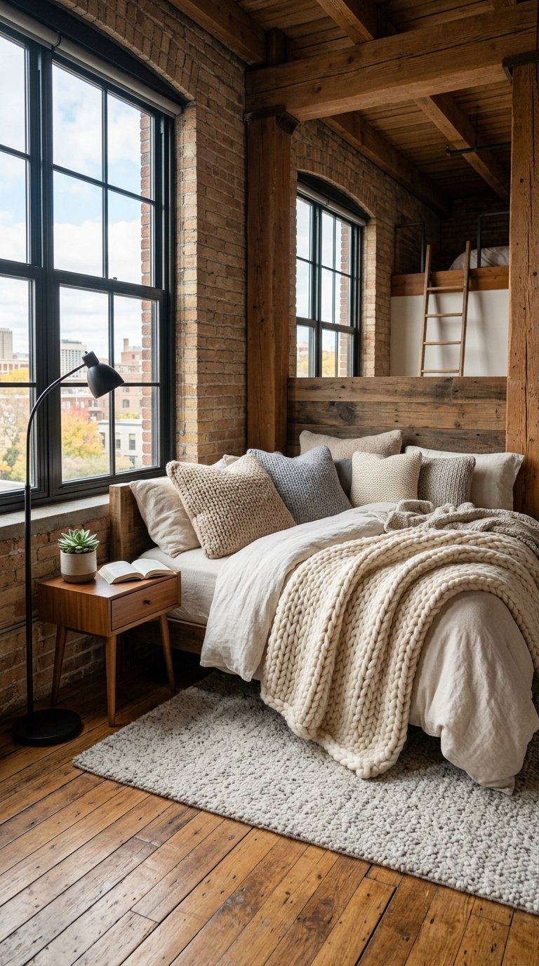 A cozy bedroom with a bed covered in thick knit blankets and pillows, large windows, exposed brick walls, and wooden beams.