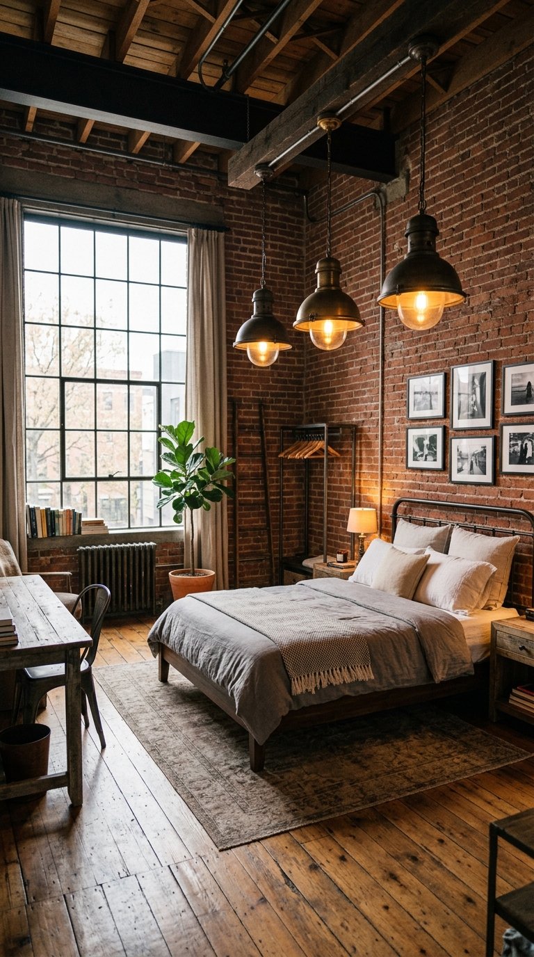 A bedroom with exposed brick walls, large windows, a neatly made bed, and warm glowing pendant lights hanging from the ceiling.