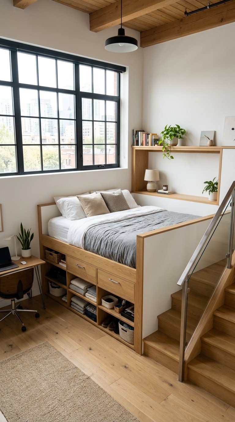 A loft bedroom with built-in beds that have storage drawers underneath, featuring natural light and simple furniture.