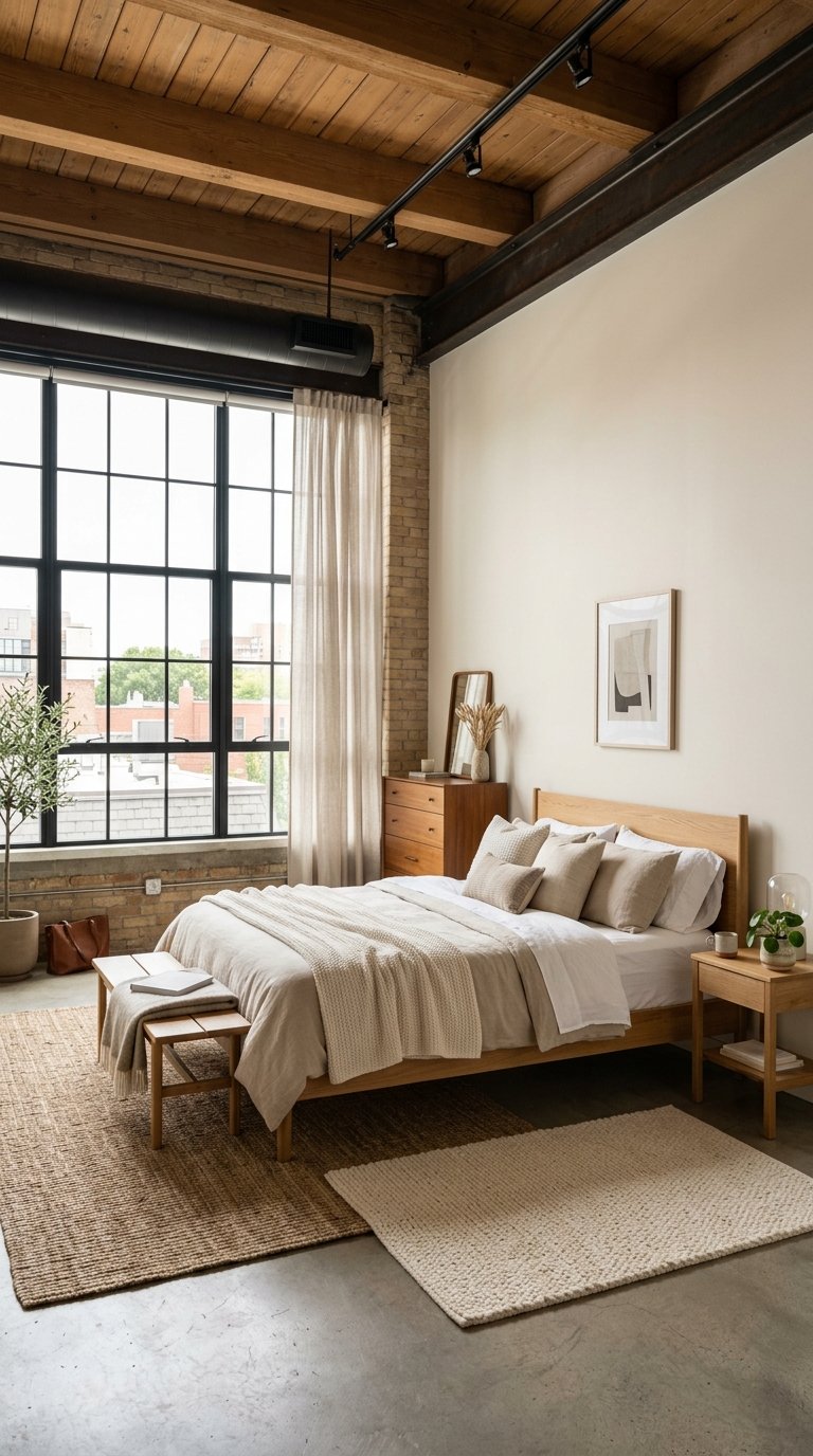 A bright bedroom with large windows, a bed with neutral bedding, a wooden nightstand with a plant, and soft-colored walls.