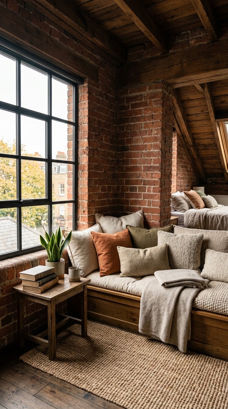 A cozy corner in a bedroom with cushions, a small table with books and a plant, natural light coming through large windows, and exposed brick walls.