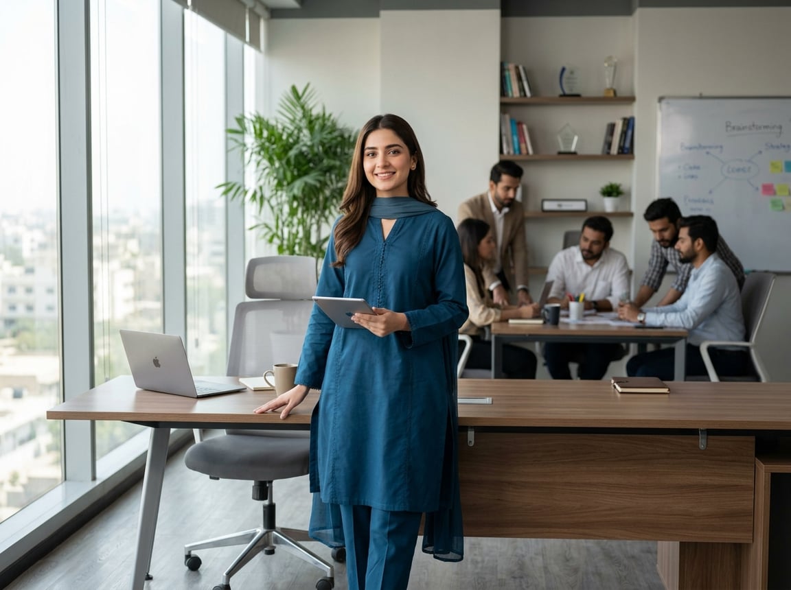 A confident Pakistani woman in modest office attire sitting at a desk in a modern office with colleagues working in the background.