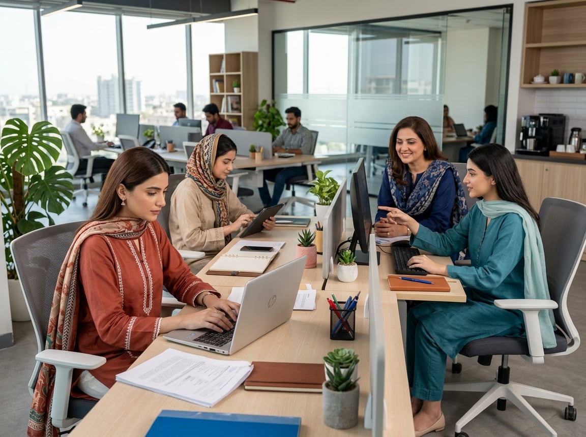 Pakistani working women in a modern office wearing culturally appropriate professional attire, engaged in work at their desks.