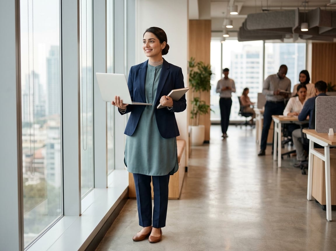 A Pakistani working woman in modest lingerie standing confidently in a modern office holding a laptop.
