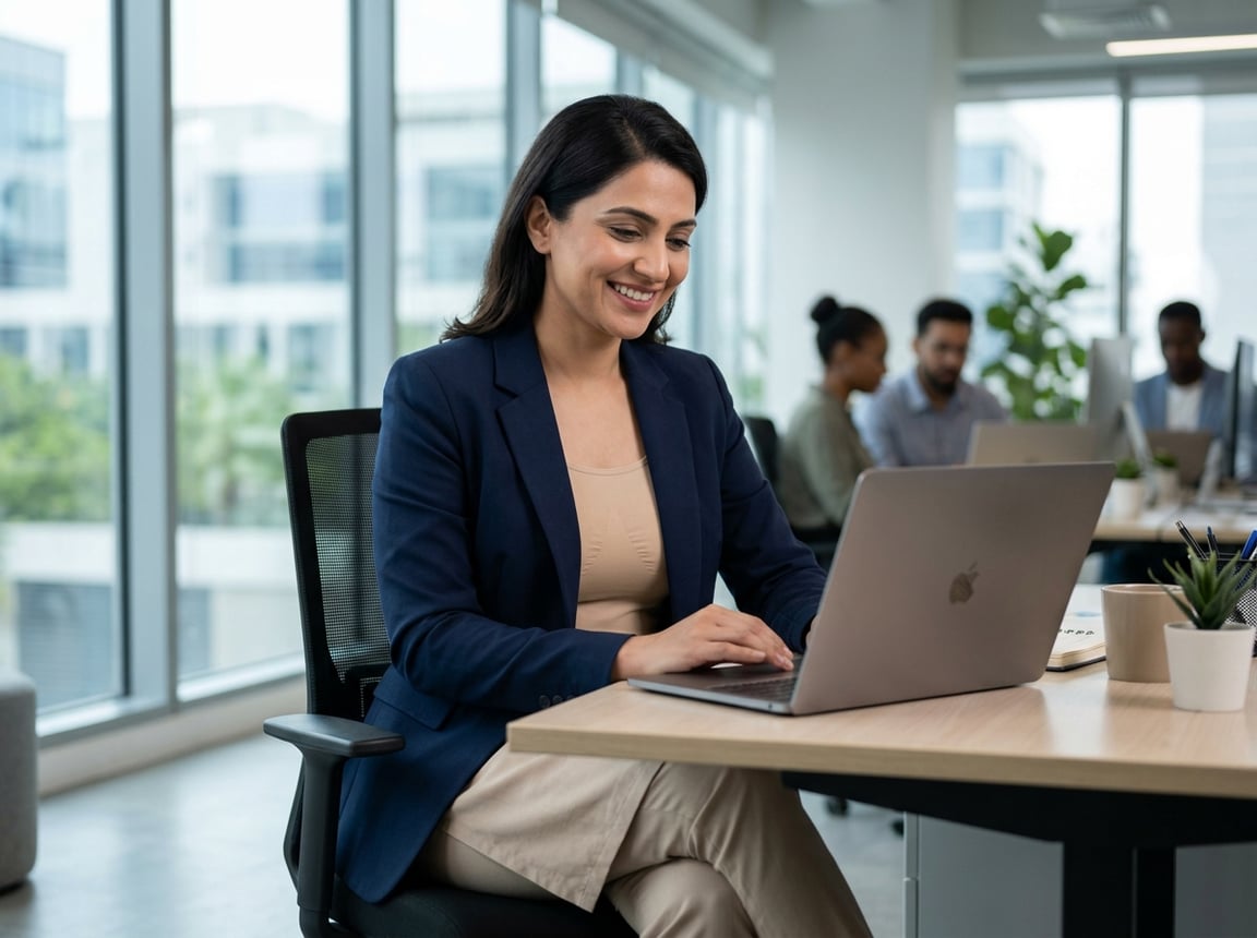 A Pakistani working woman wearing modest office clothing with subtle lingerie details, sitting at a desk in a modern office, smiling and focused on her work.