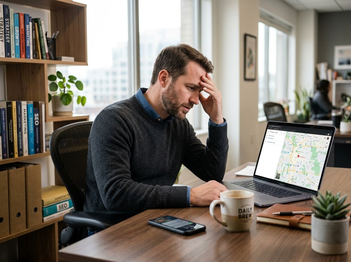 A business owner looking concerned while checking a laptop showing a map with no business location marker in a bright office.