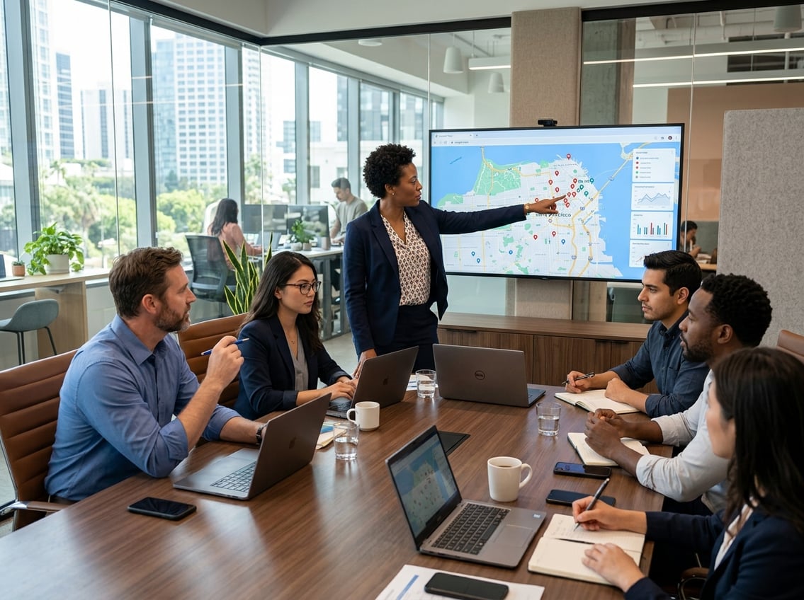 A group of business professionals discussing a digital map displayed on a large screen in a modern office.