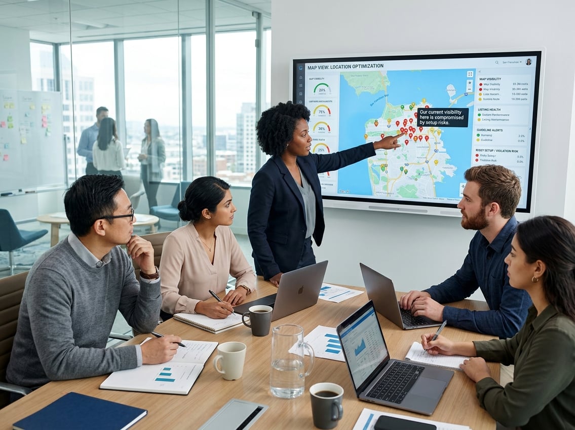 A group of business professionals discussing a map on a digital screen in a modern office.