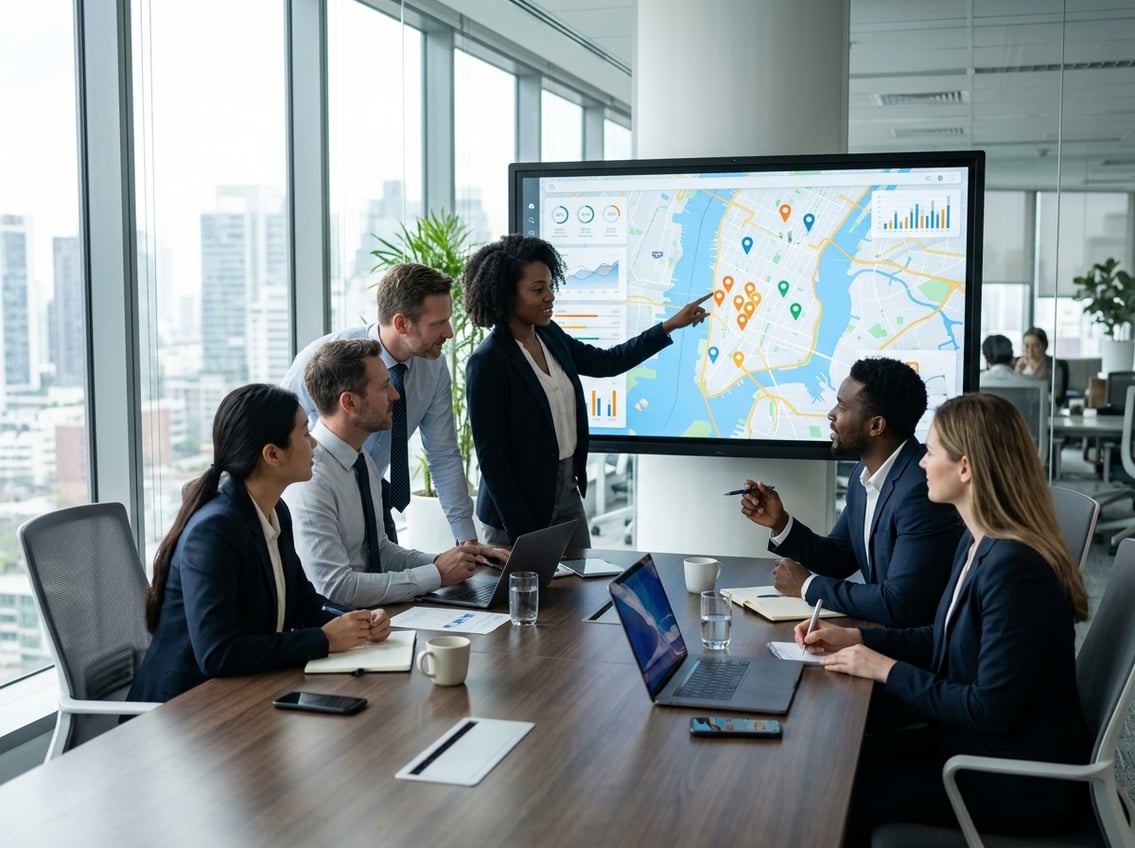 A group of business professionals discussing a digital map on a large screen in a modern office setting.