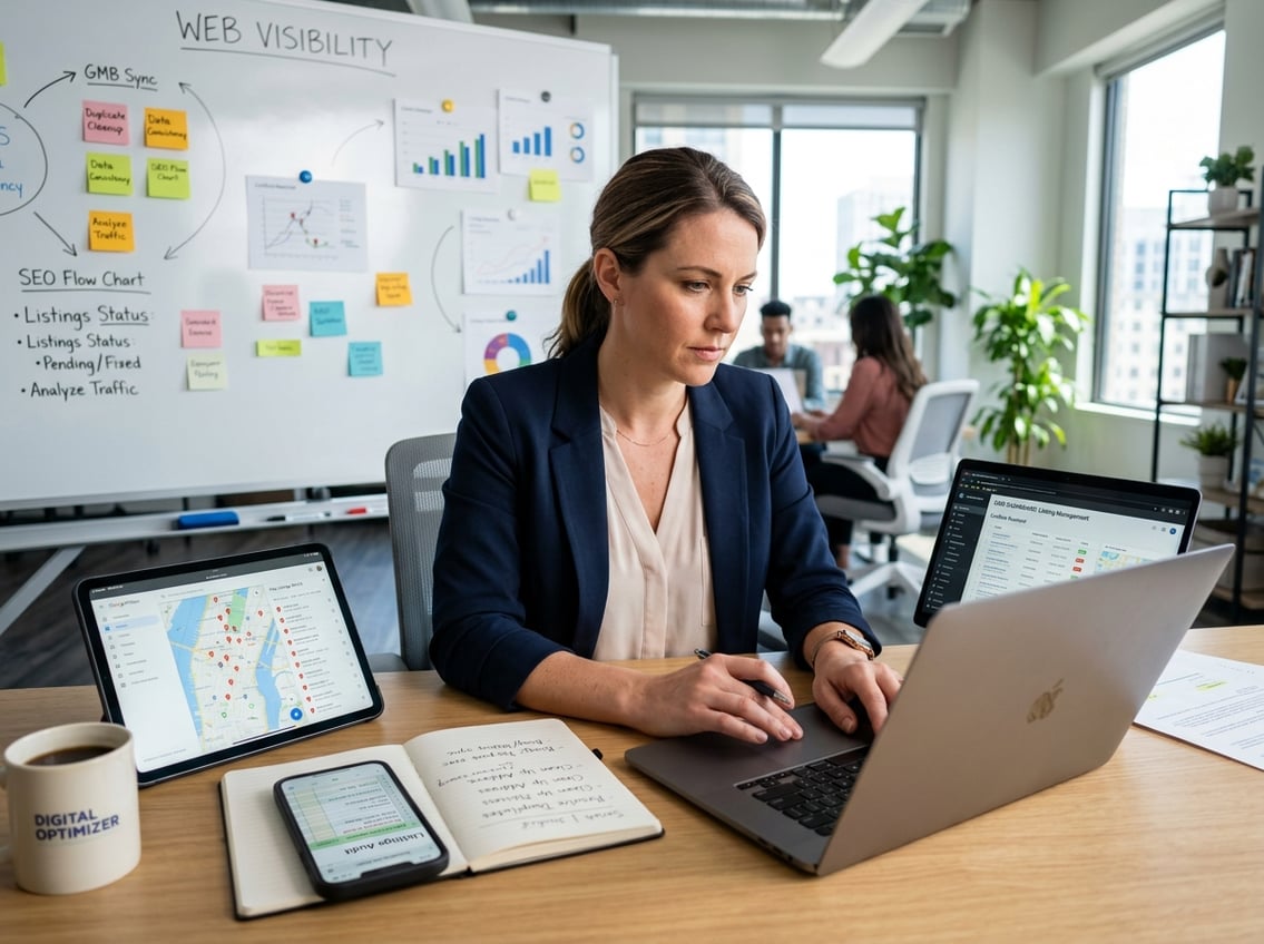 A person working on a laptop with a smartphone and tablet nearby, focusing on organizing business information in a modern office.