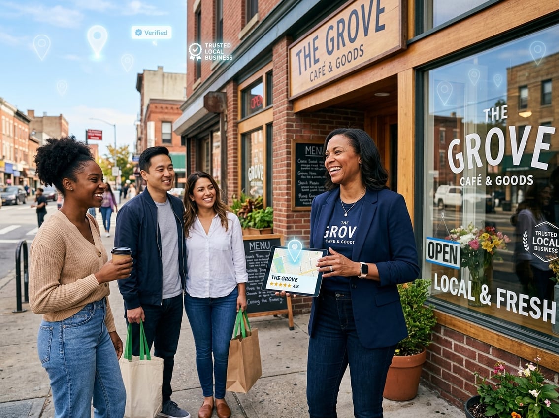 A local business owner standing outside their store interacting with customers, holding a tablet showing a map interface.