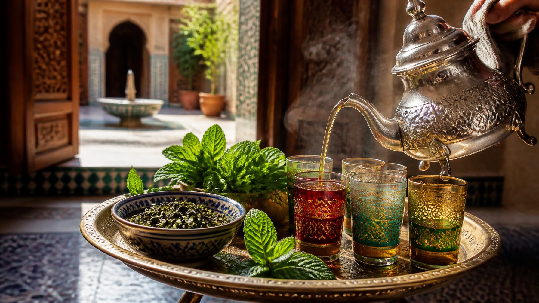 A traditional Moroccan tea setting with a silver teapot pouring mint tea into small decorated glass cups on a brass tray, surrounded by fresh mint leaves and Moroccan-style decor.