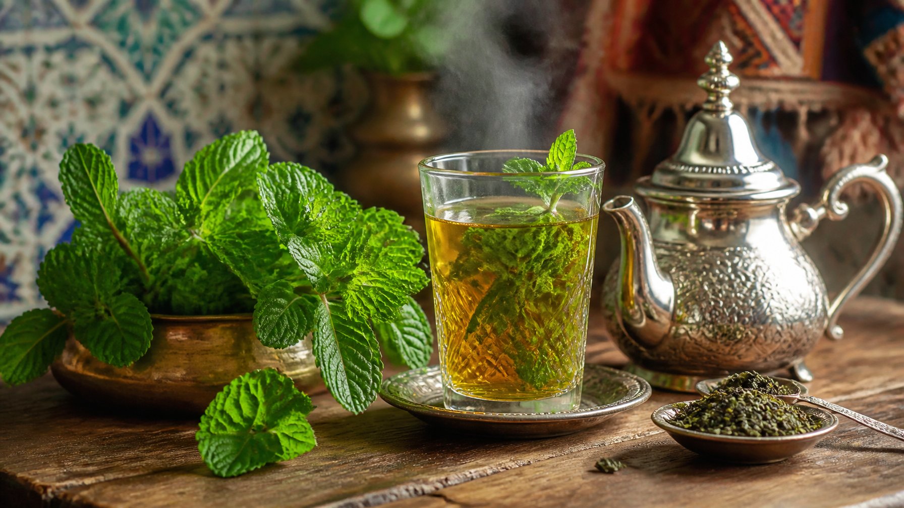 Fresh mint leaves next to a traditional Moroccan teapot and a glass cup of steaming green tea on a wooden table.