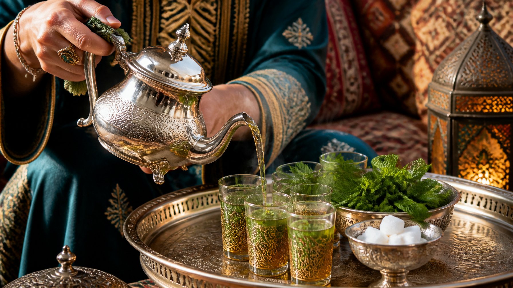 Hands pouring Moroccan mint tea from a silver teapot into small decorated glasses on an ornate tray with fresh mint leaves and sugar cubes.