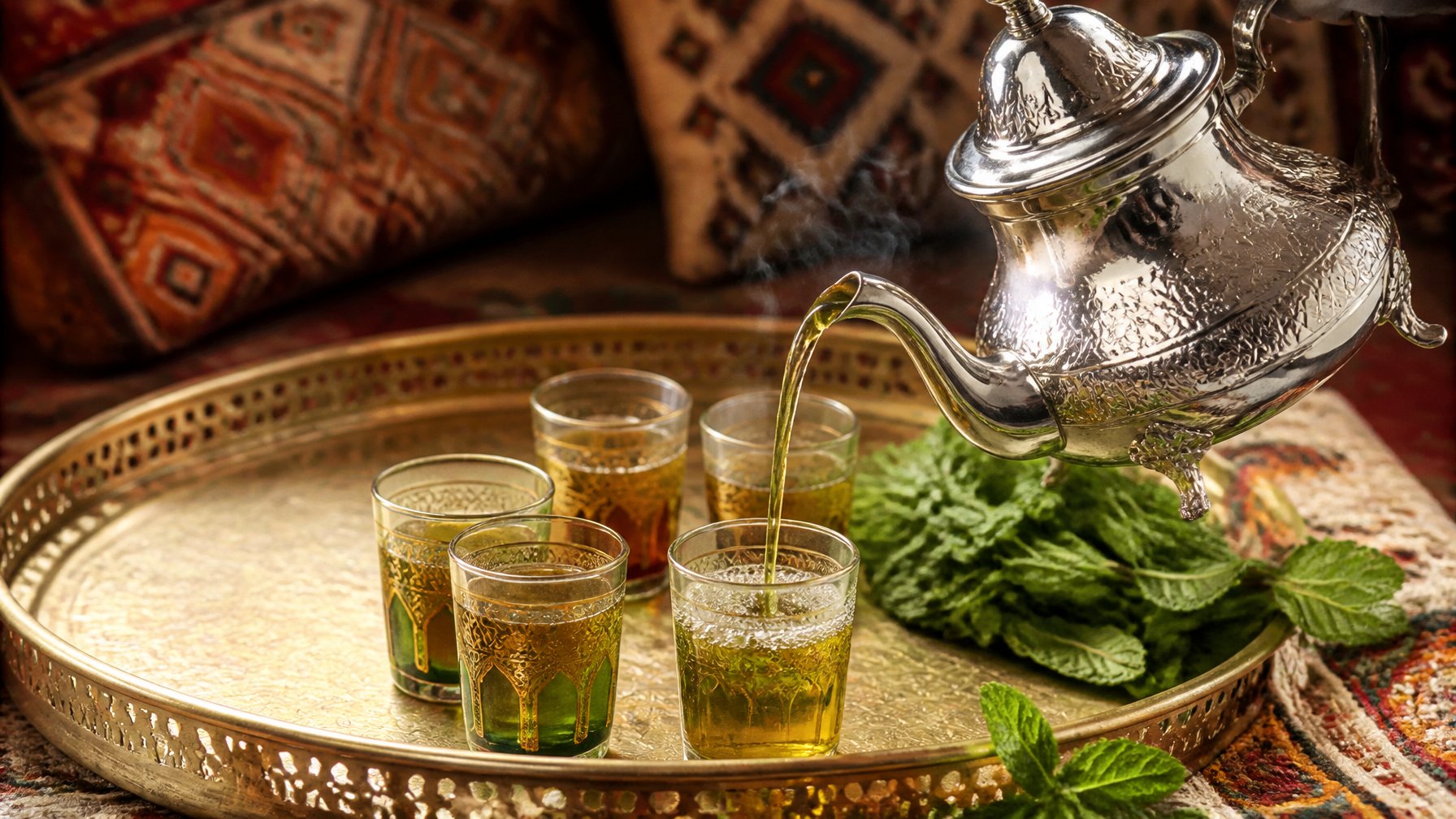 A silver Moroccan teapot pouring green mint tea into small glass cups on a brass tray with fresh mint leaves nearby.