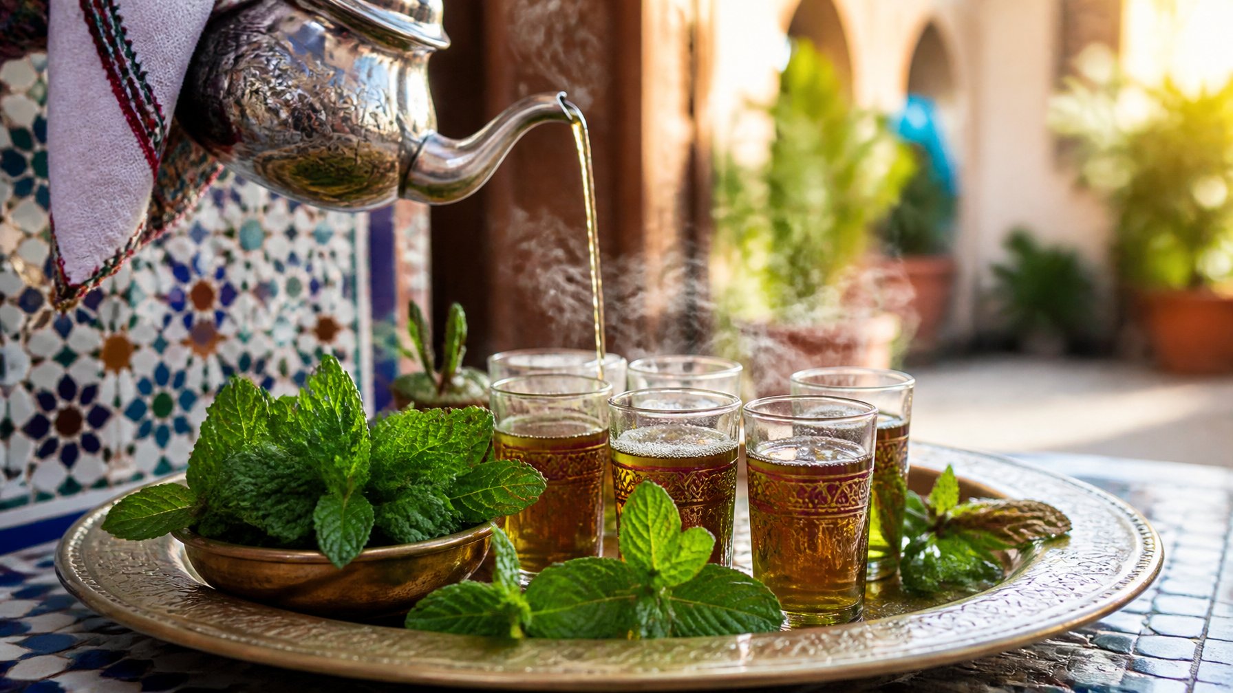A traditional Moroccan tea setting with a silver teapot pouring green mint tea into small glass cups on a decorative brass tray with fresh mint leaves around.