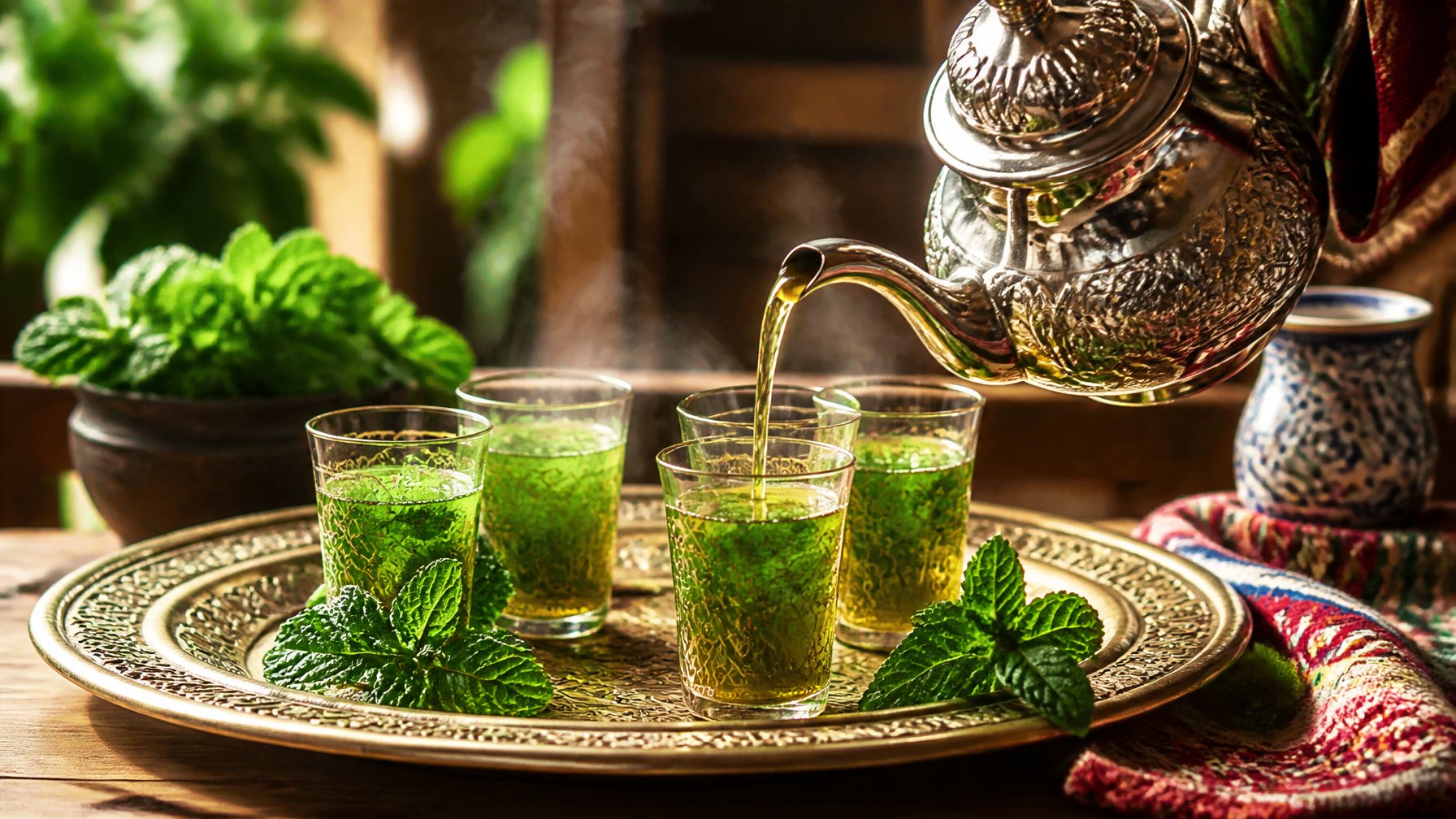 A traditional Moroccan tea set with a silver teapot pouring green mint tea into small glass cups on a brass tray, surrounded by fresh mint leaves.