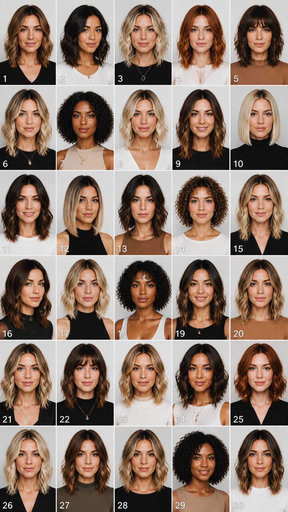 A group of women with various shoulder-length haircuts posing together in a studio.