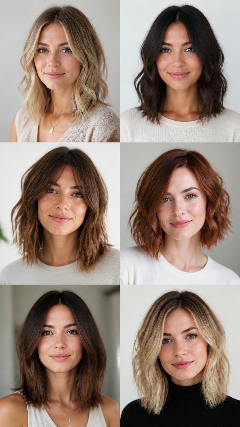 A group of women with different face shapes posing together, each with shoulder-length hair styled in various ways.