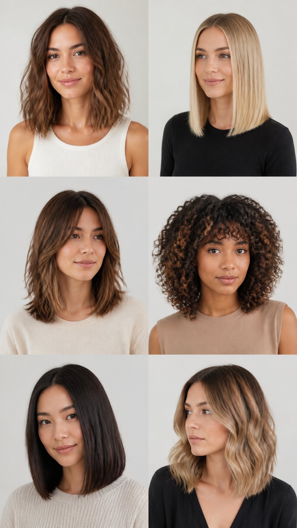 A group of women with different shoulder-length haircuts posing together in a studio setting.