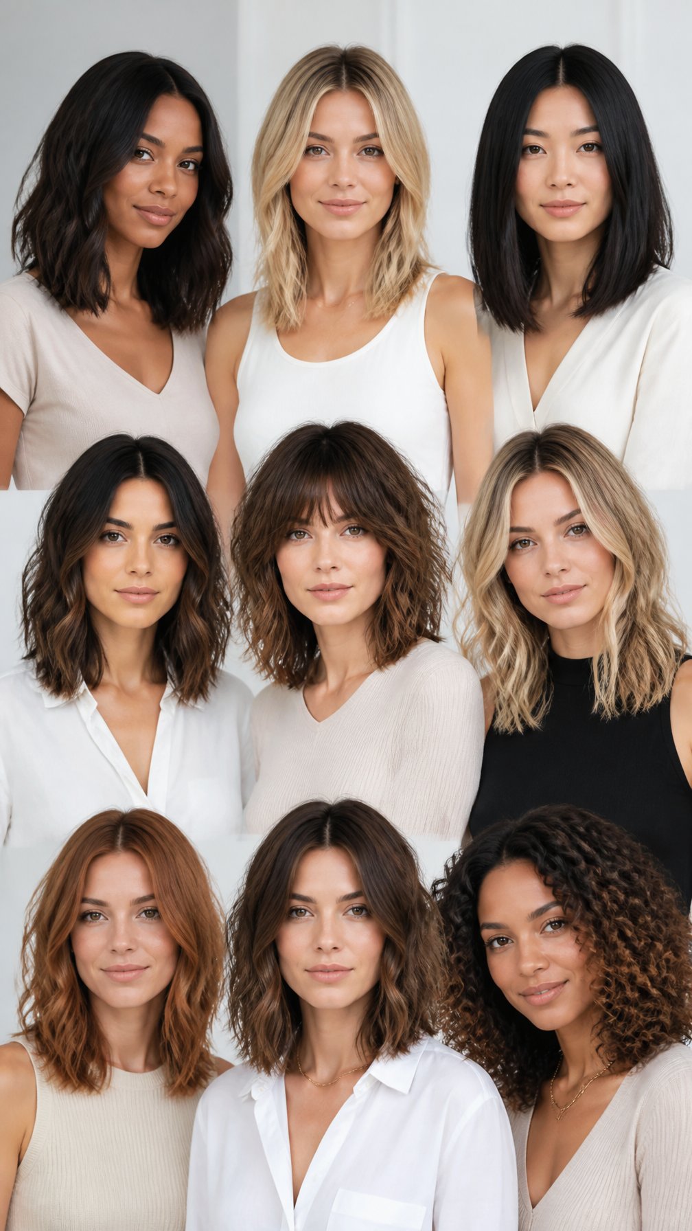 A group of women with different shoulder-length hairstyles standing together in a bright studio.