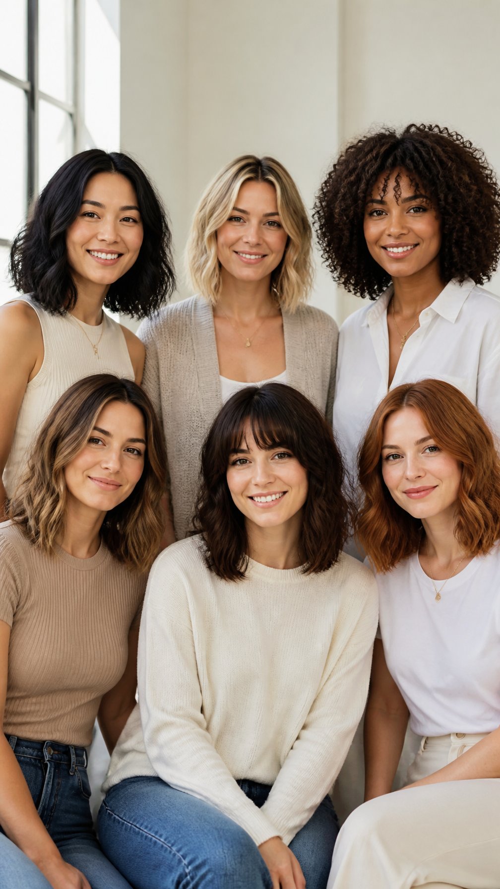 A group of women with shoulder-length hair, styled in different ways, posing indoors in casual clothing.