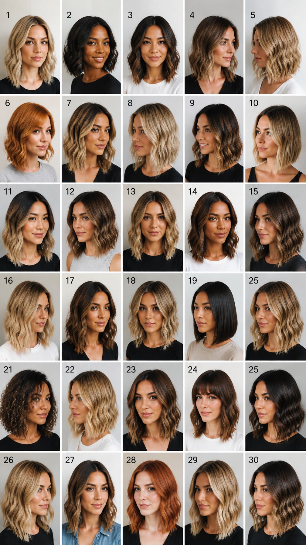 A group of women with various shoulder-length haircuts and hair colors posing in a studio setting.