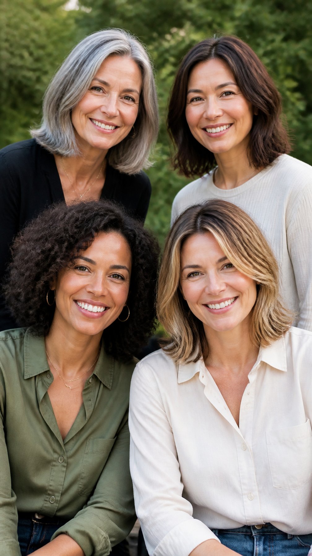 A group of women outdoors smiling, each with different shoulder-length hairstyles.
